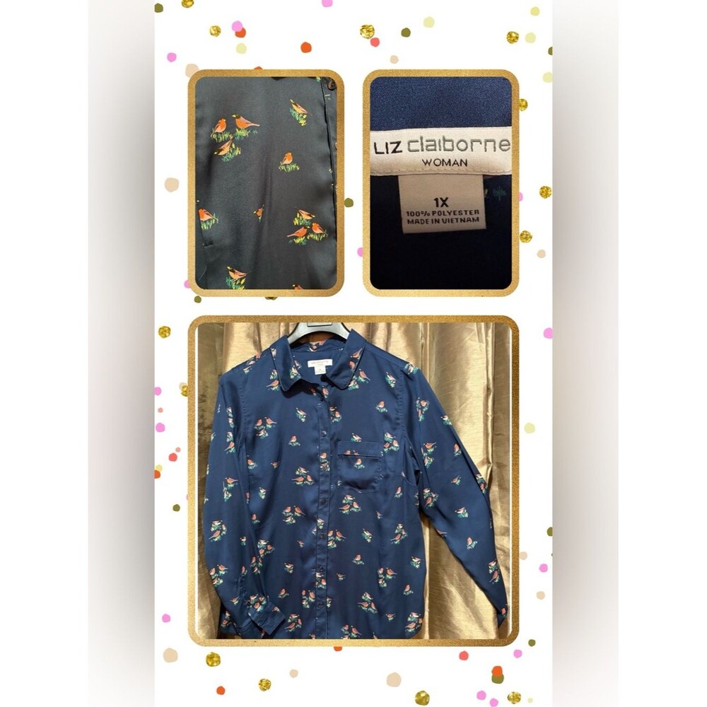 Liz Claiborne Navy Button-Down Shirt with Coral & Green Bird Print #1880